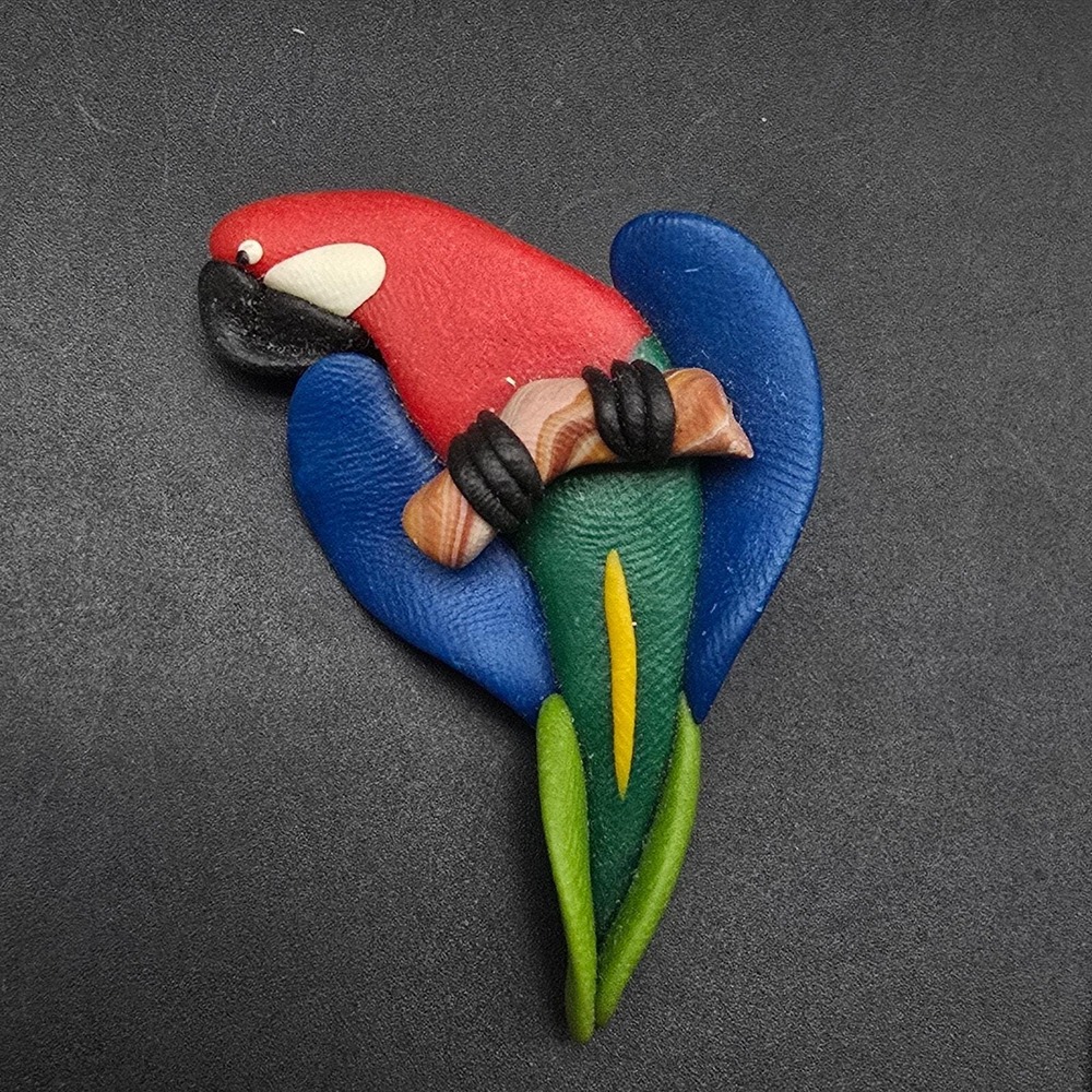 Handmade Clay Parrot Brooch Colorful McCaw Artisan Animal Jewelry